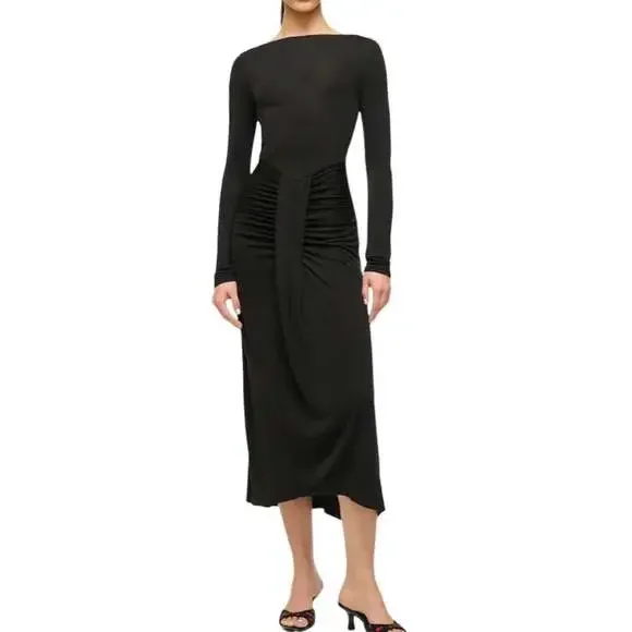 Staud Gres Midi Dress Black Ruched Slimming Long Sleeve Boat Neck Minimal Small - Picture 2 of 12